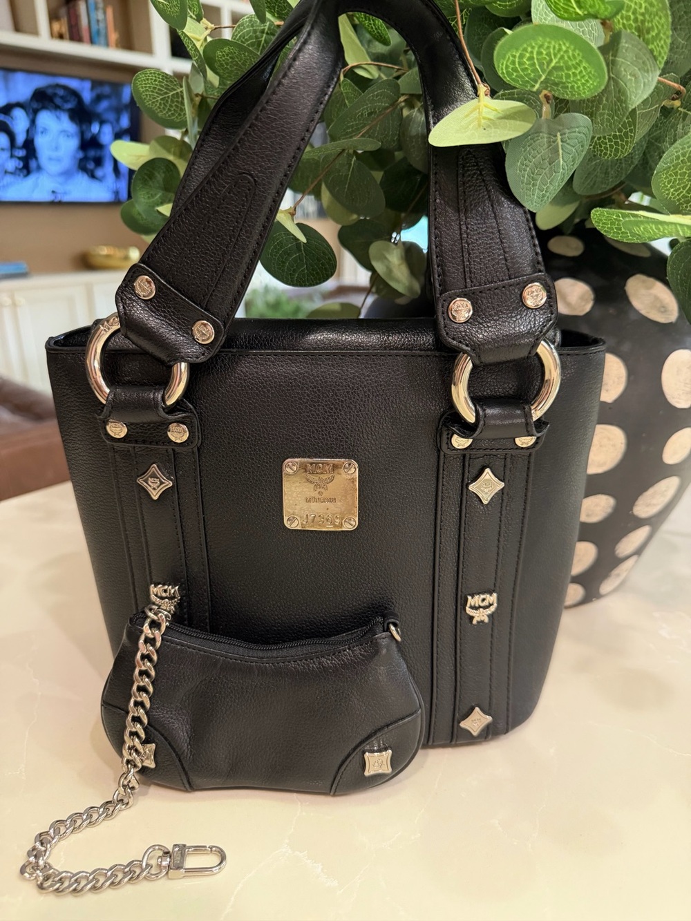 MCM Black Leather Shoulder Bag and Coin Pouch w/COA